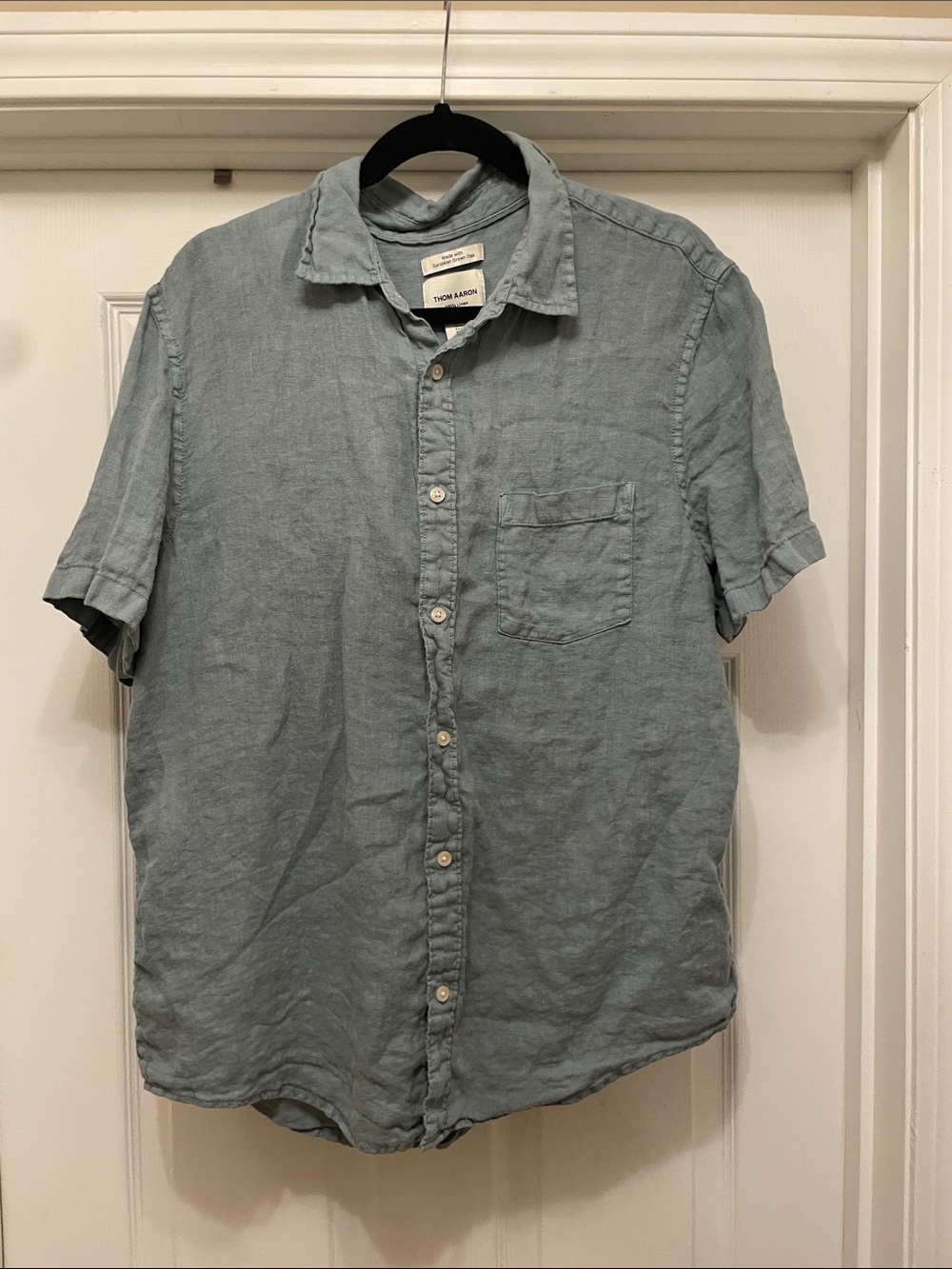 Thom Aaron Light Blue green 100% Linen Men's Short-Sleeve Button-Up Shirt